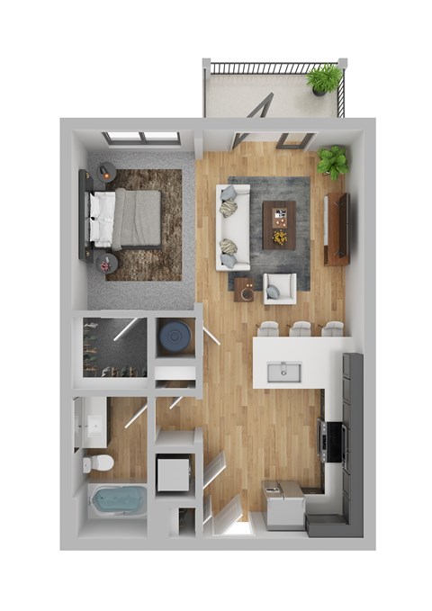 A top-down view of a small apartment with a kitchen, living room, and bathroom.